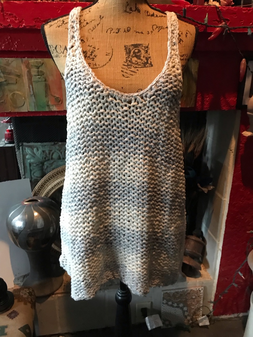 Free People Chunky Knit Tank Top - Light Gray thick stripe deep armholes. SizeLG